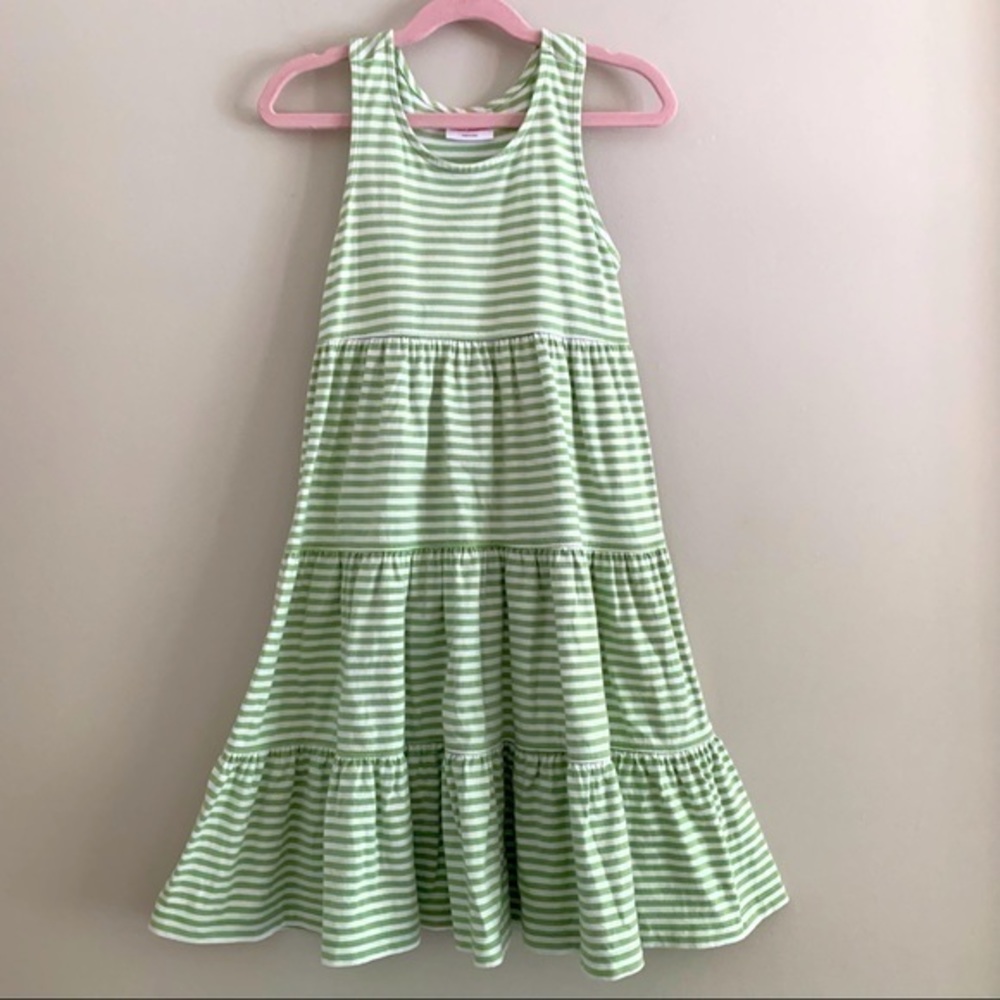 Hanna Andersson Light Green and White Striped Tiered Cotton Dress
